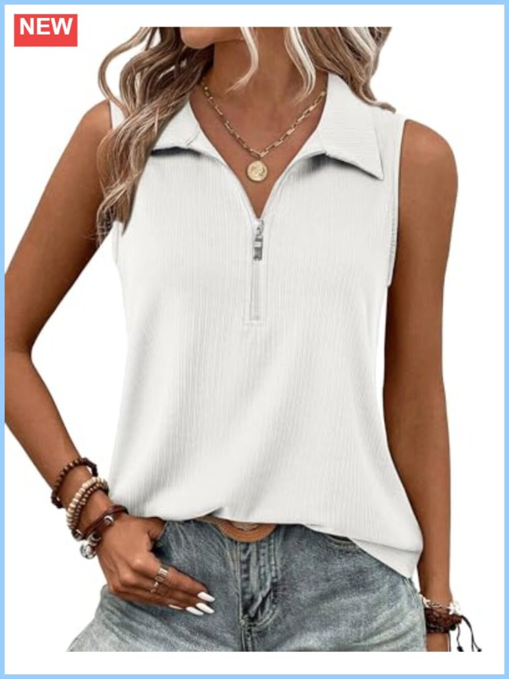 Ribbed Knit Tank Top with Zipper V Neck - Sleeveless Dressy Casual Blouse